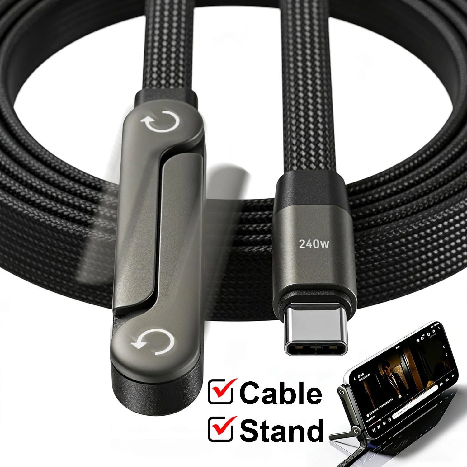 Cable USB-C 240W Carga Rápida con Soporte Plegable, usb-C, C-lightning, C-C