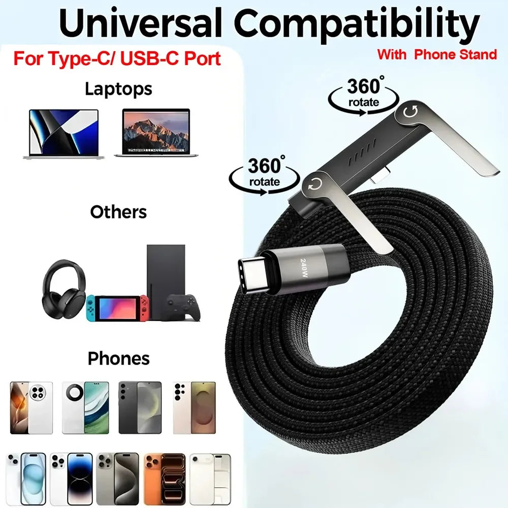 Cable USB-C 240W Carga Rápida con Soporte Plegable, usb-C, C-lightning, C-C
